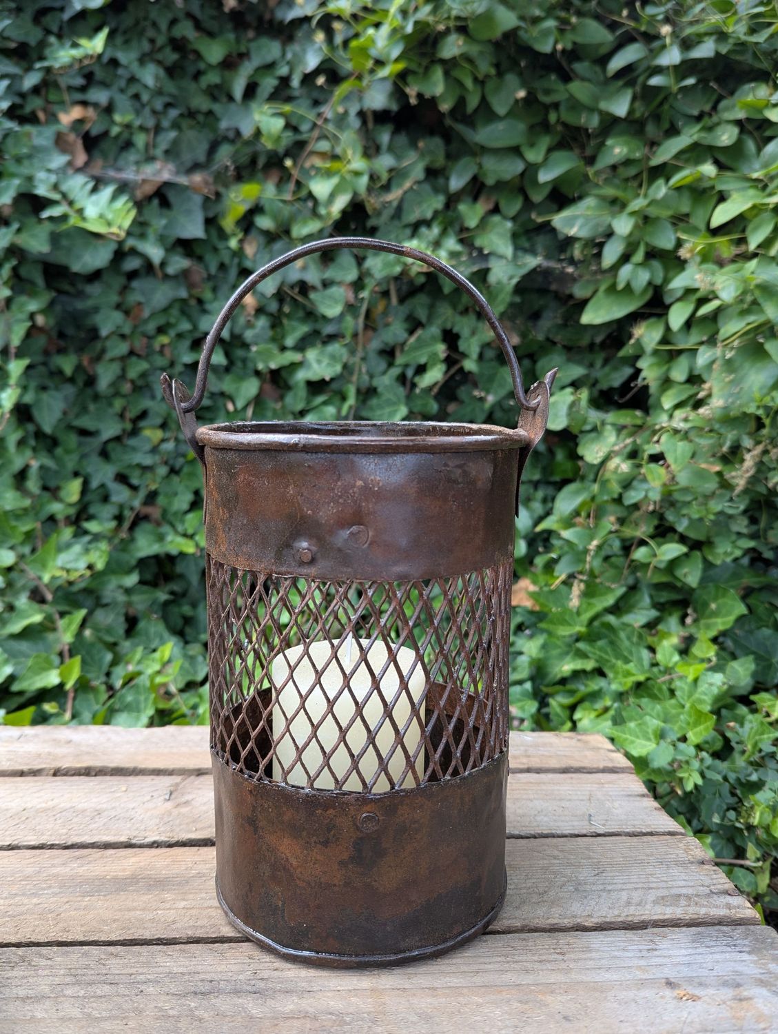 Windlicht Metall, braun, used Optik, Gitternetz; H 18cm Dm 11cm