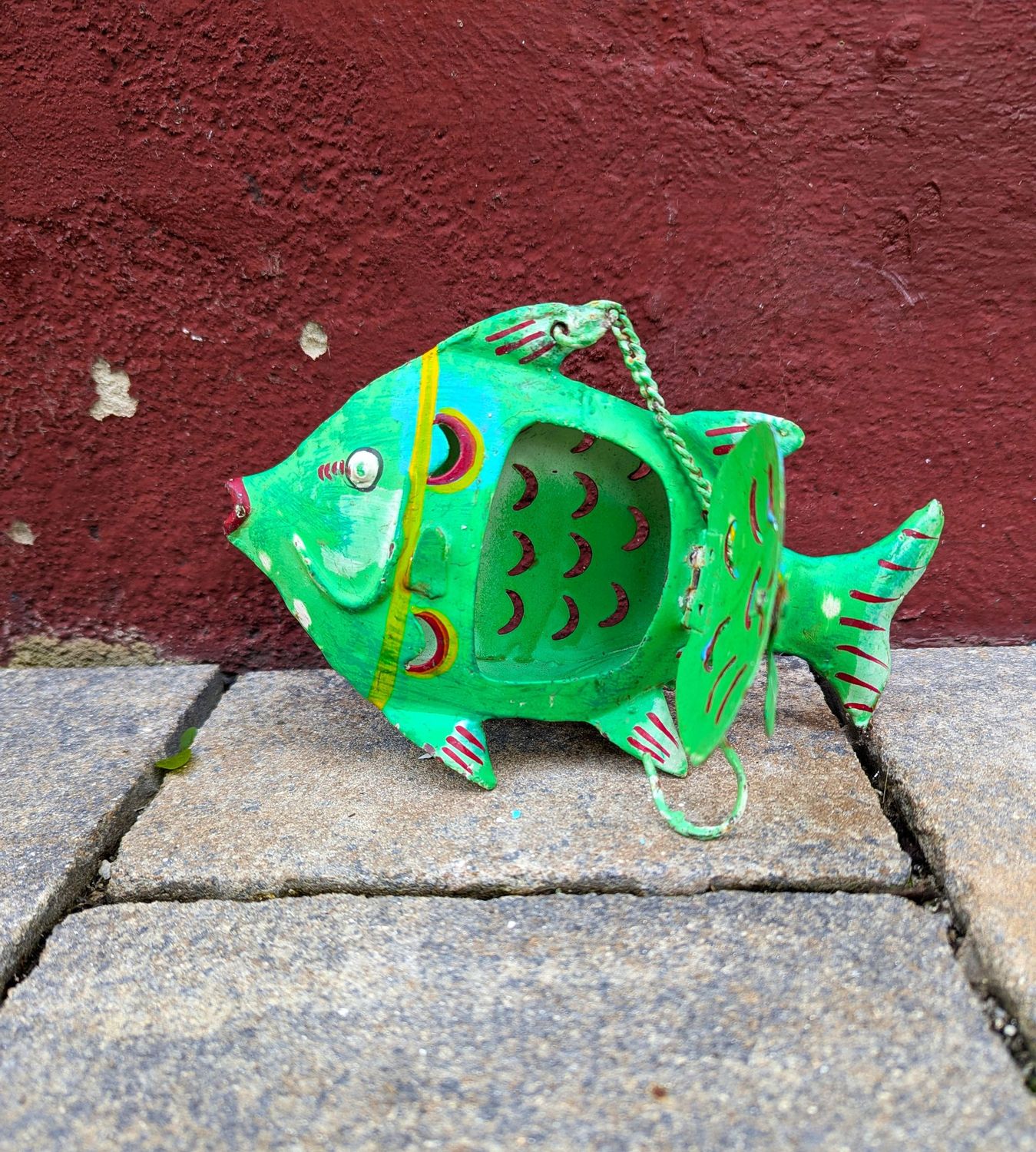 Fisch Windlicht, zum Hängen; Metall, grünblau used Optik H13cm B6cm L19,5cm; KettenL ca. 18cm