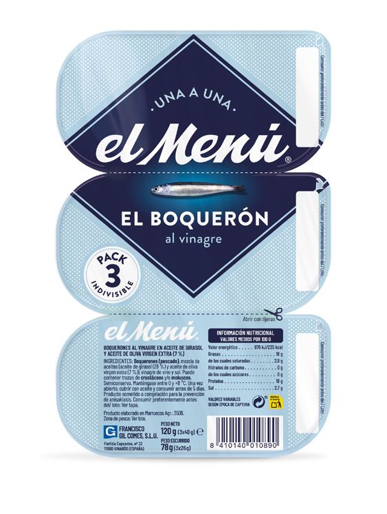 EL MENÚ. Boquerones al vinagre en aceite girasol. Tripack 120 g