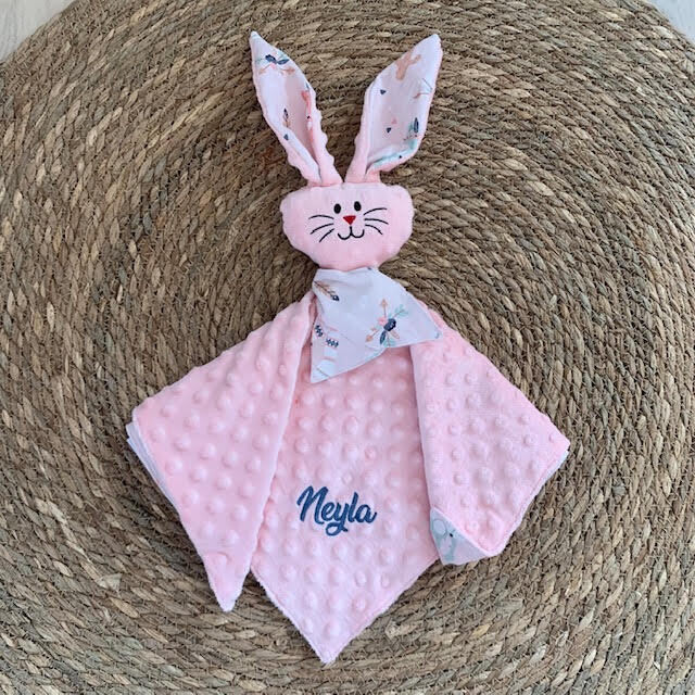 Doudou lapin forêt Boho minky rose
