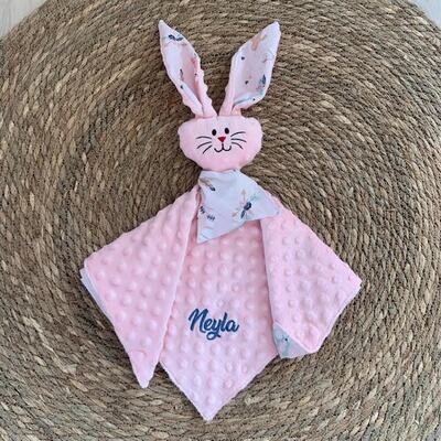 Doudou lapin forêt Boho minky rose