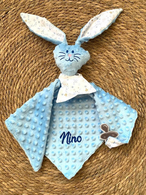 Doudou lapin Blustar minky bleu layette