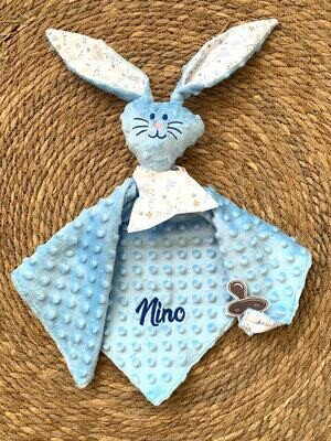Doudou lapin Blustar minky bleu layette