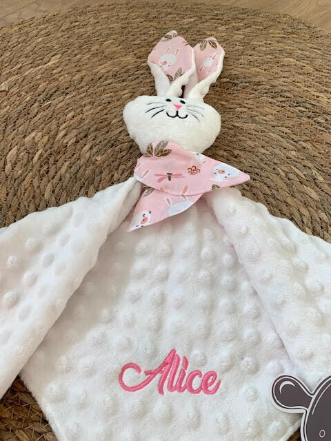 Doudou lapin lapins libellules minky blanc