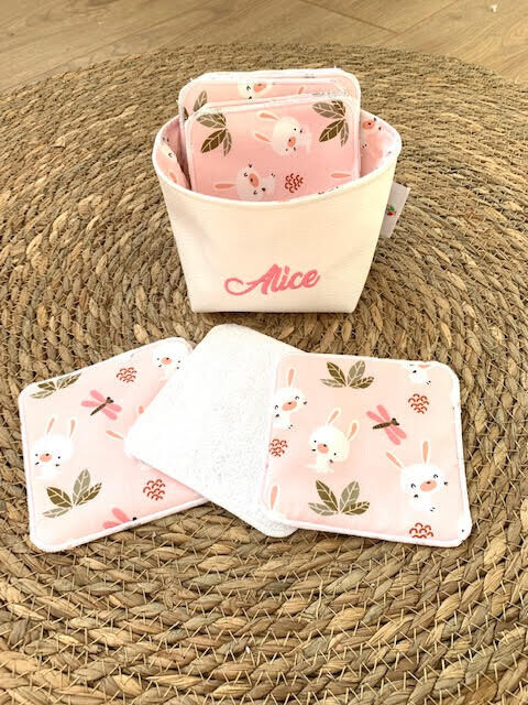 Panière et lingettes  lapins libellules minky blanc
