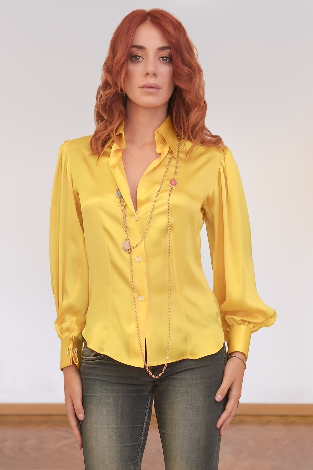 Limited Edition Shirt 100% Silk Gialla Donna Manica pittore