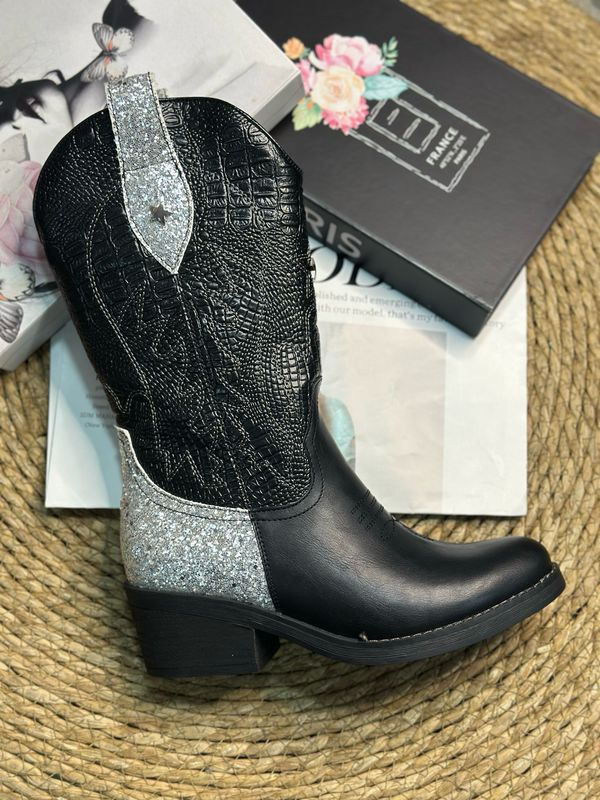 Bota vaquera negro plateado chic2307