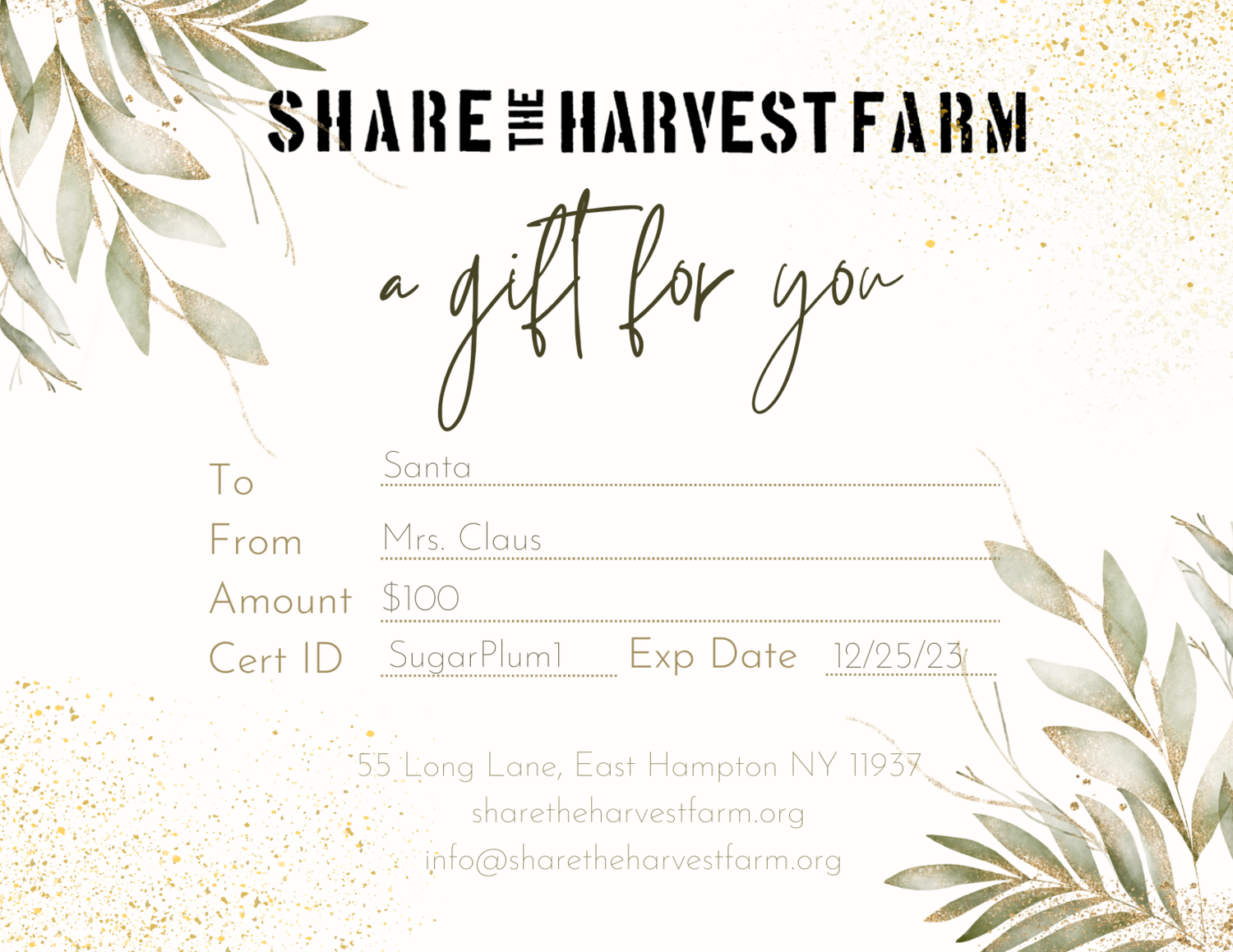 Share the Harvest Gift Certificate $100.00
