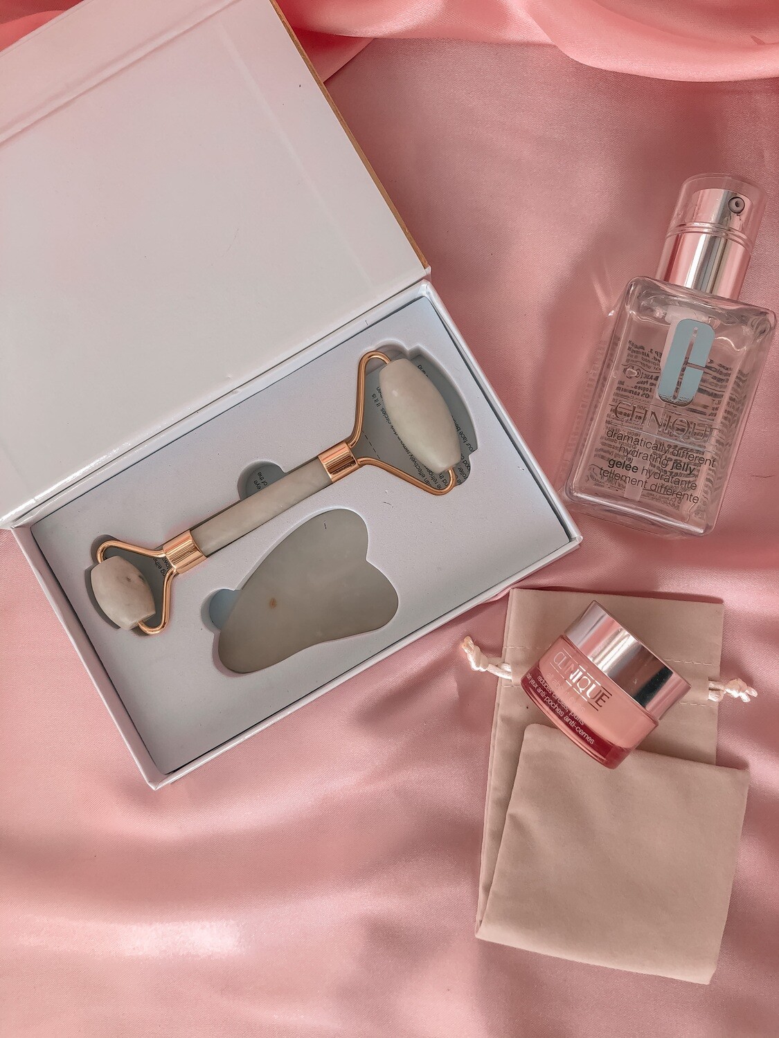 Set Rodillo facial de jade y Gua sha (piedra de cuarzo)