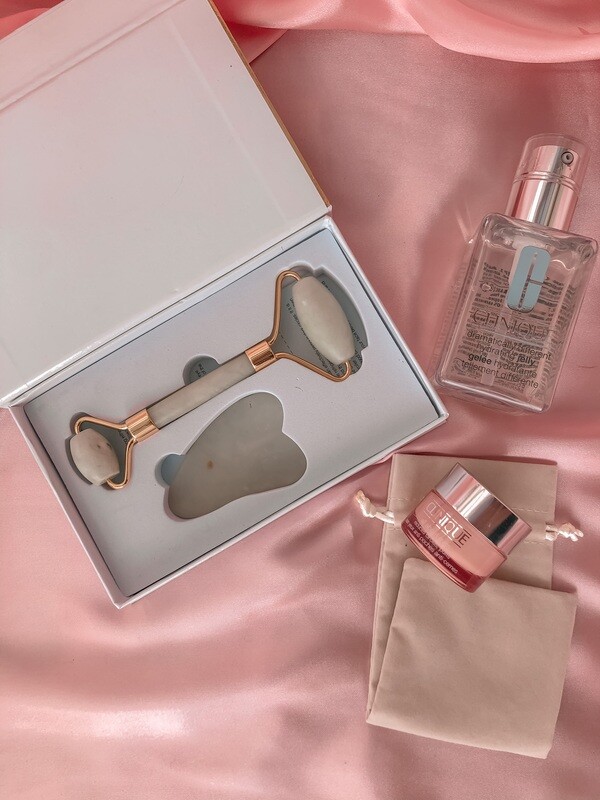 Set Rodillo facial de jade y Gua sha (piedra de cuarzo)