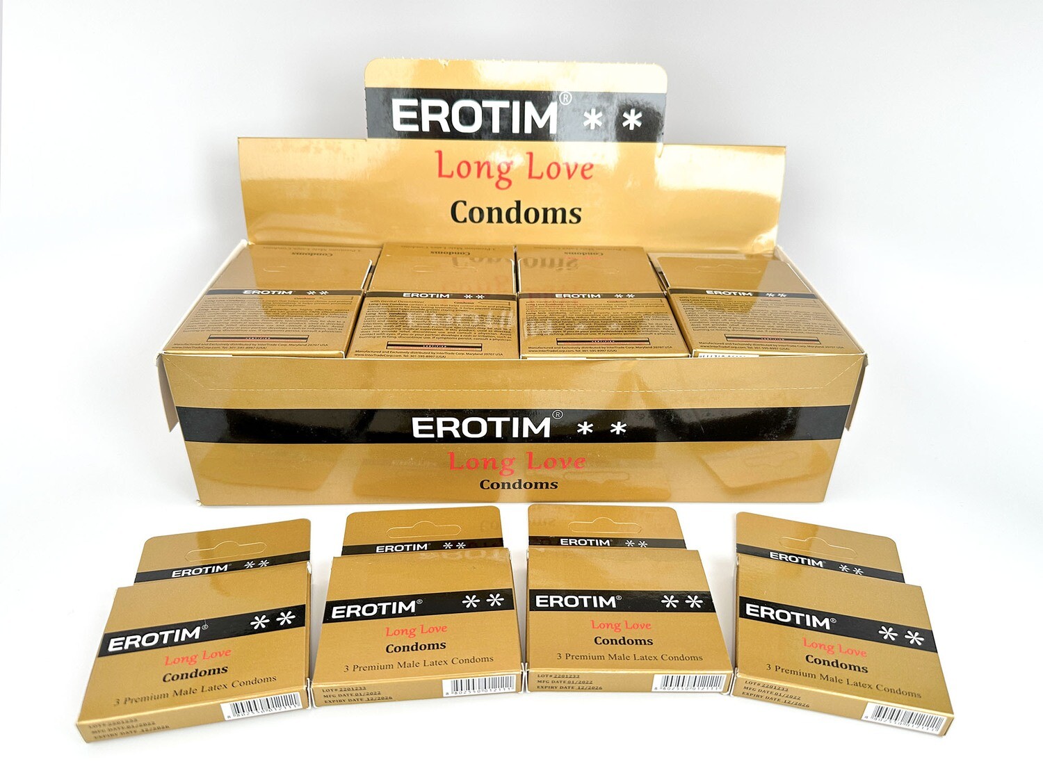 Wholesale - Long Love® Erotim® Condom Gold Packing - Lot of 5 display cases (each containing 144 condoms) - Total 720 condoms