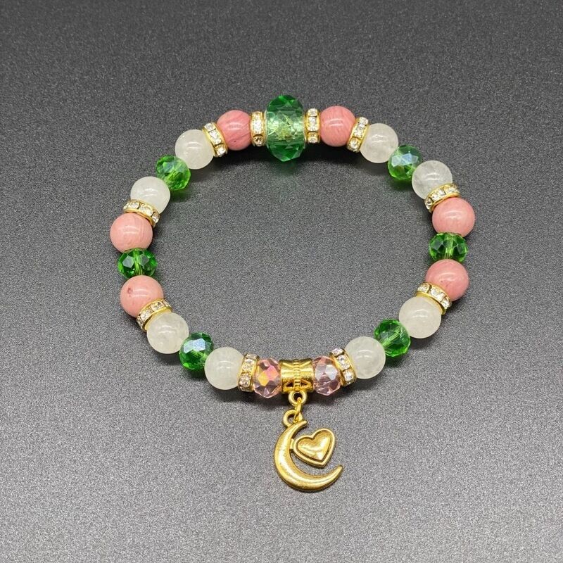 Moon Heart Charm; Rhodonite &amp; White Jade w/Green