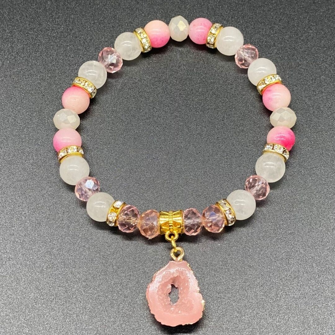 Agate Charm Peach &amp; White Jade Bracelet