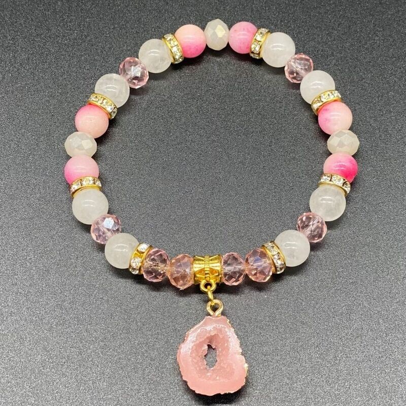 Agate Charm Peach &amp; White Jade Bracelet