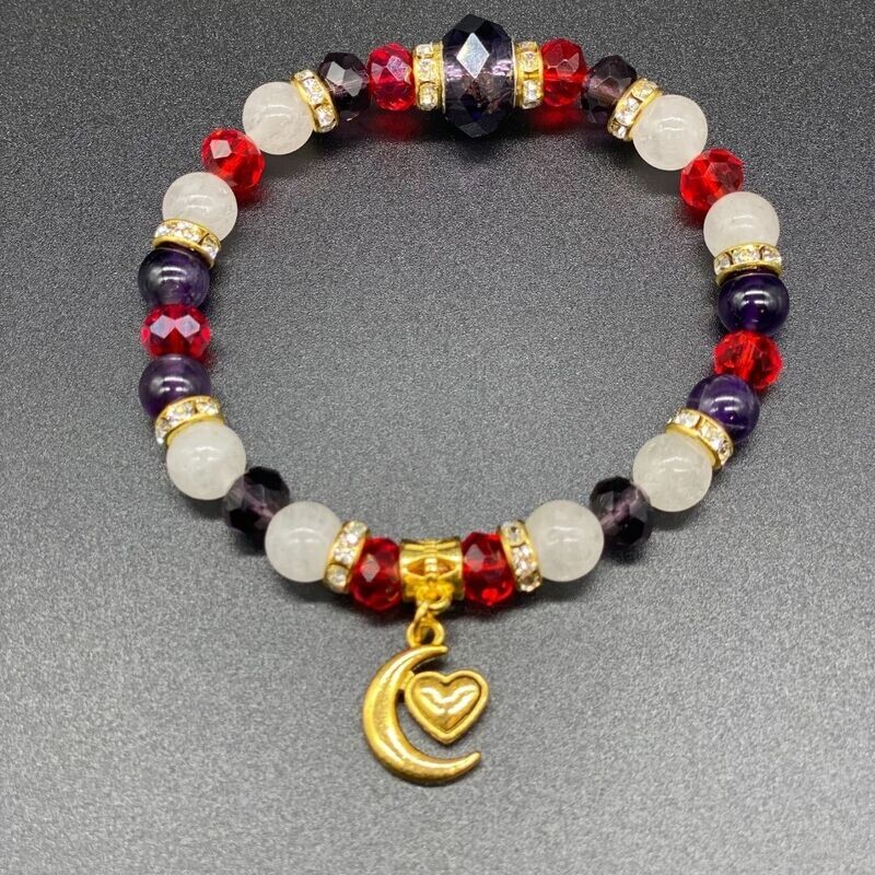Moon Heart Charm; Amethyst &amp; White Jade w/ Red