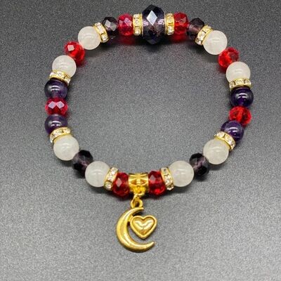 Moon Heart Charm; Amethyst &amp; White Jade w/ Red