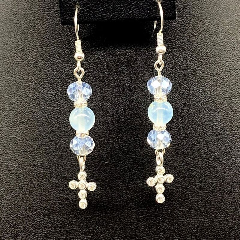 Cross Charm Sterling Silver; Aquamarine Earrings