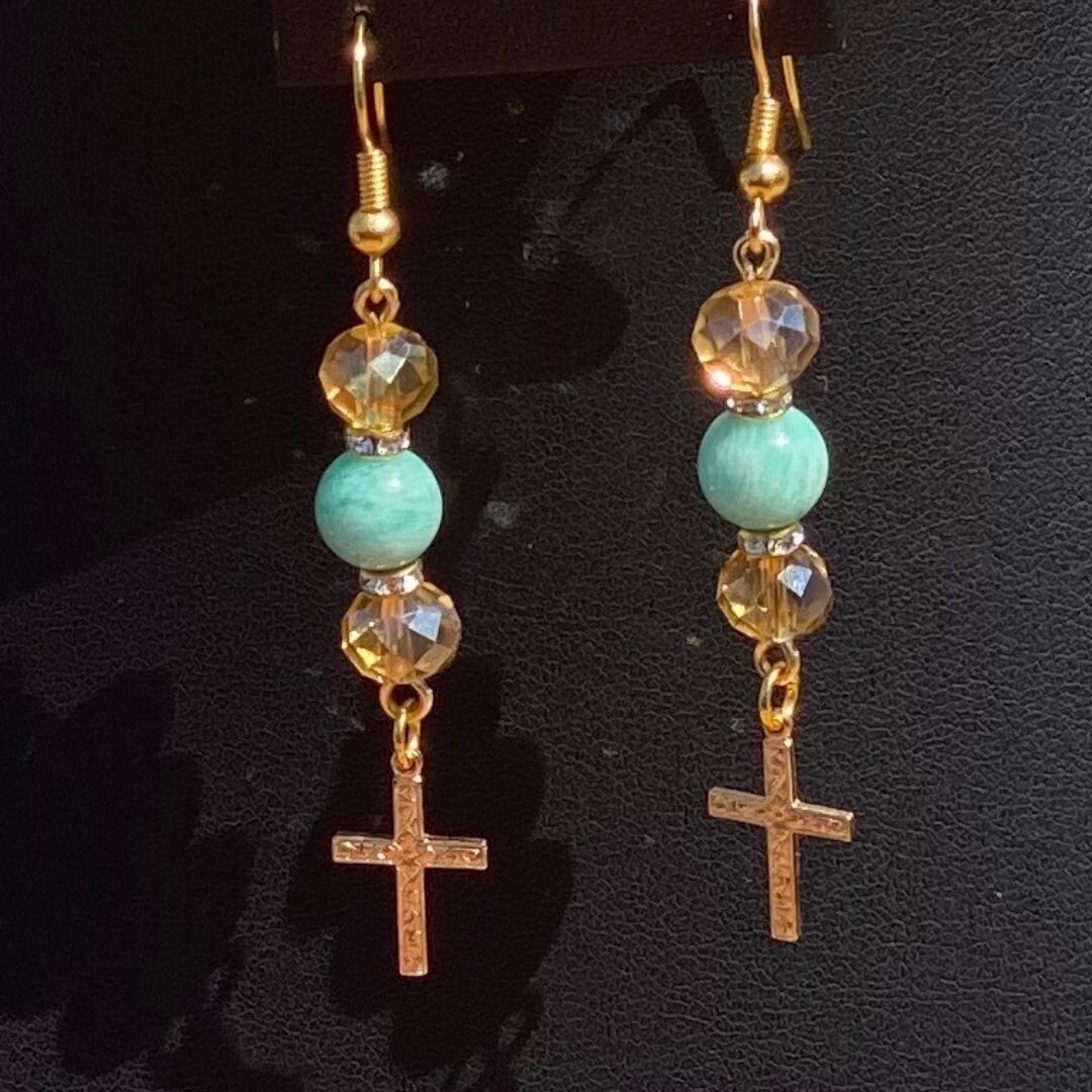 Cross (gold filled); Brazilian Amazonite (AAA) Earrings