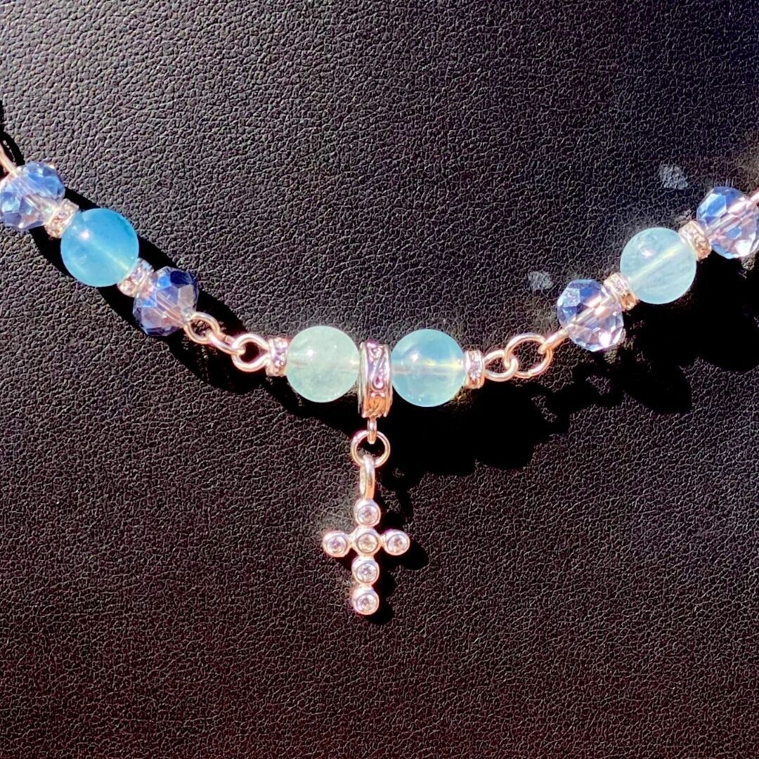 Cross Charm Sterling Silver; Aquamarine 26&quot; Necklace