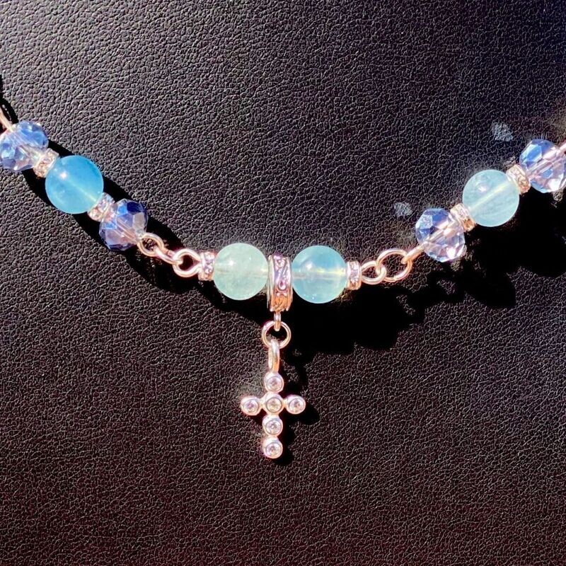 Cross Charm Sterling Silver; Aquamarine 26&quot; Necklace