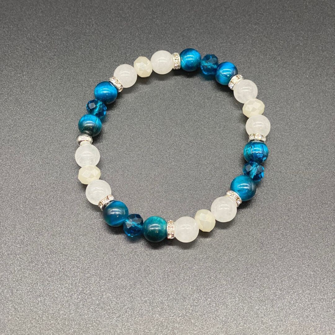 Teal Tiger&#39;s Eye, White Jade w/ Silver Bracelet