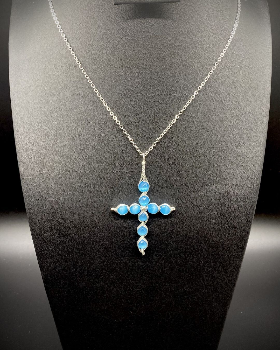 Blue Cat's Eye Wire Wrapped 20'' Necklace