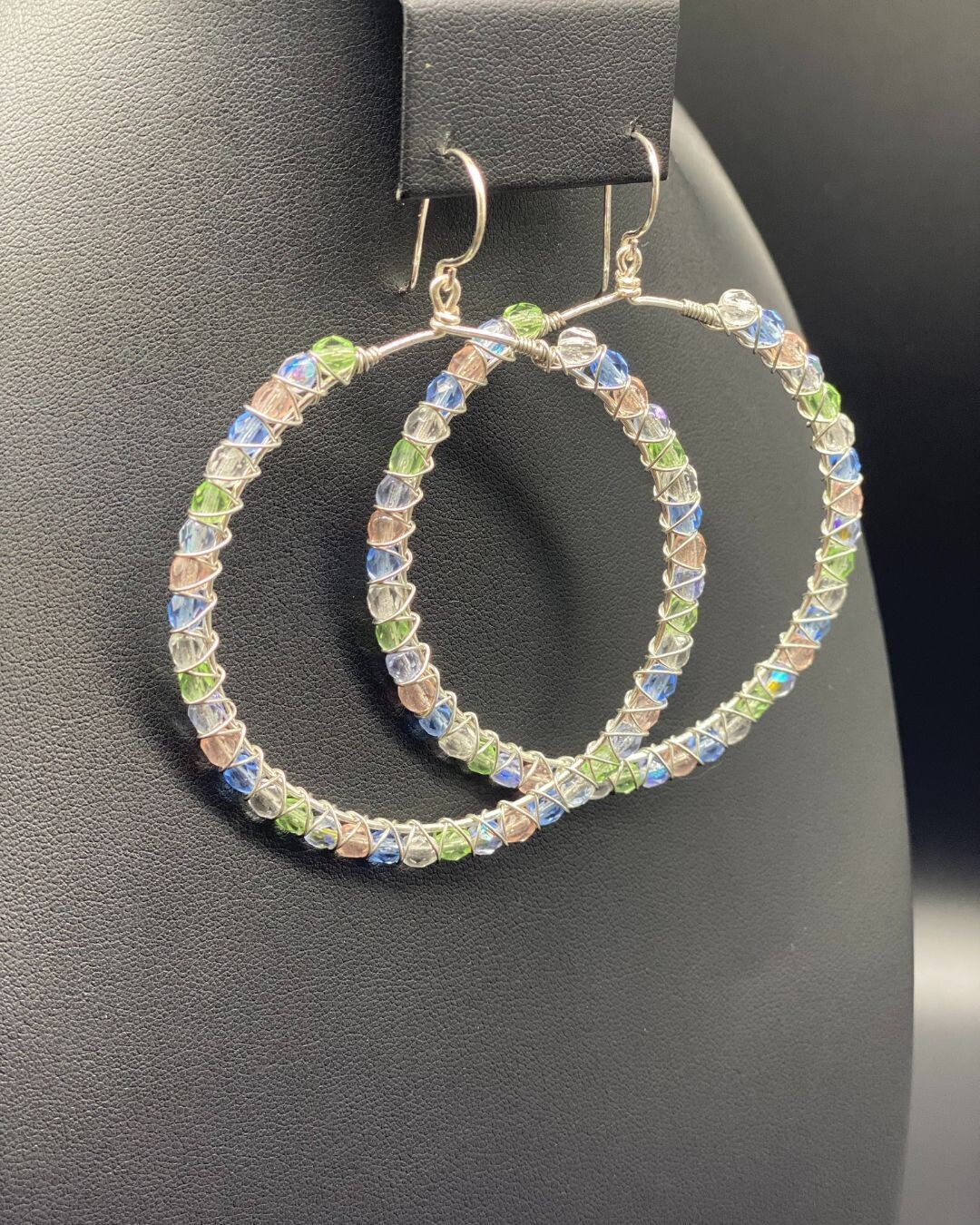 Wire Hoops Silver Wrapped Multi Czech Crystal Earrings