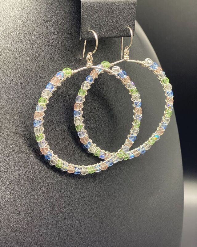 Wire Hoops Silver Wrapped Multi Czech Crystal Earrings