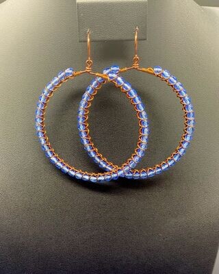 Wire Hoops Antique Copper Wrapped Blue Czech Crystal Earrings
