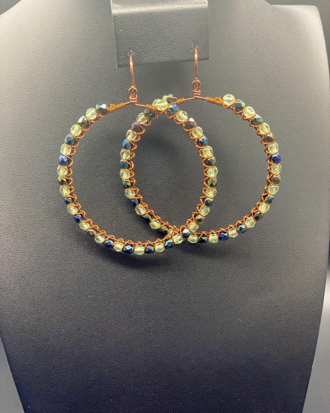 Wire Hoops Antique Copper Wrapped Multi Green Czech Crystal Earrings