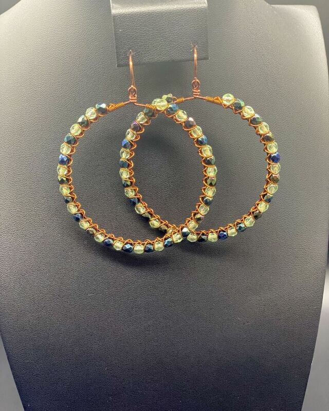 Wire Hoops Antique Copper Wrapped Multi Green Czech Crystal Earrings