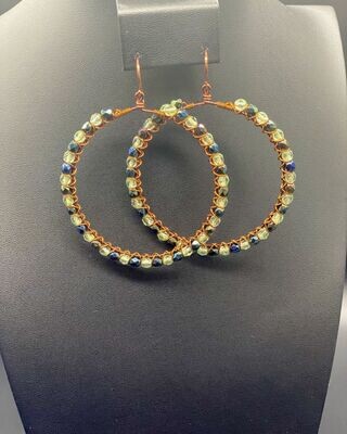 Wire Hoops Antique Copper Wrapped Multi Green Czech Crystal Earrings