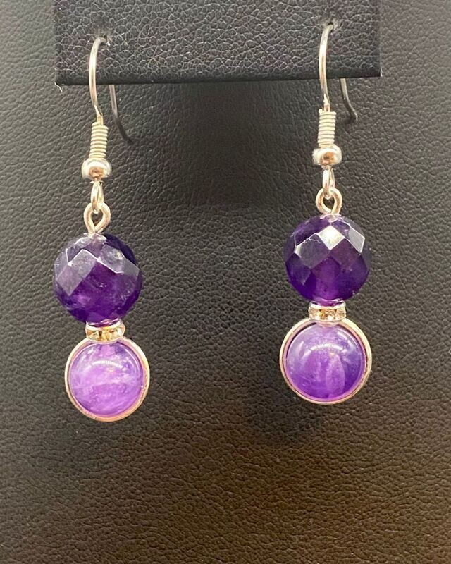 Amethyst Round and Faceted Earrings; Silver