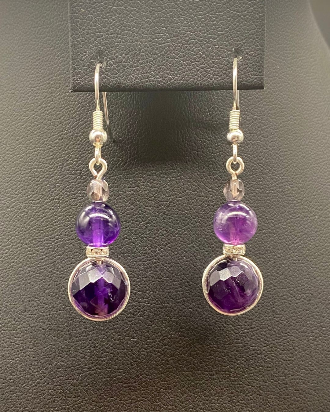 Amethyst Round and Faceted, Czech Glass Earrings; Silver