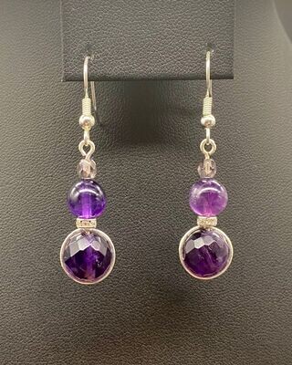 Amethyst Round and Faceted, Czech Glass Earrings; Silver