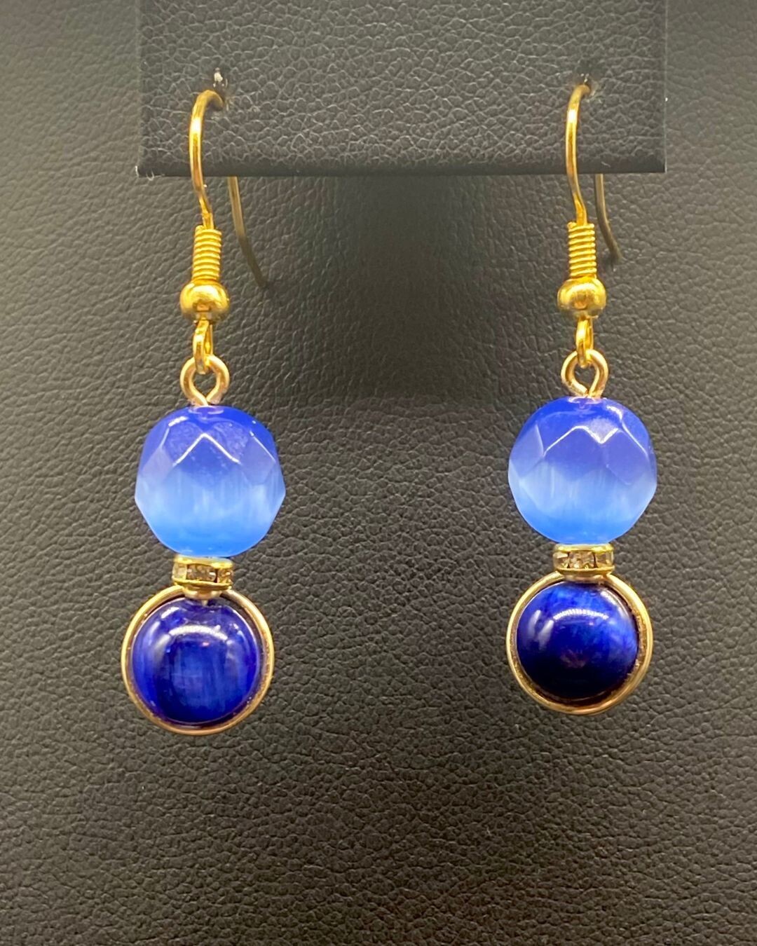 Blue Tigers Eye, Blue Cats Eye 
Dangle Earrings; Gold