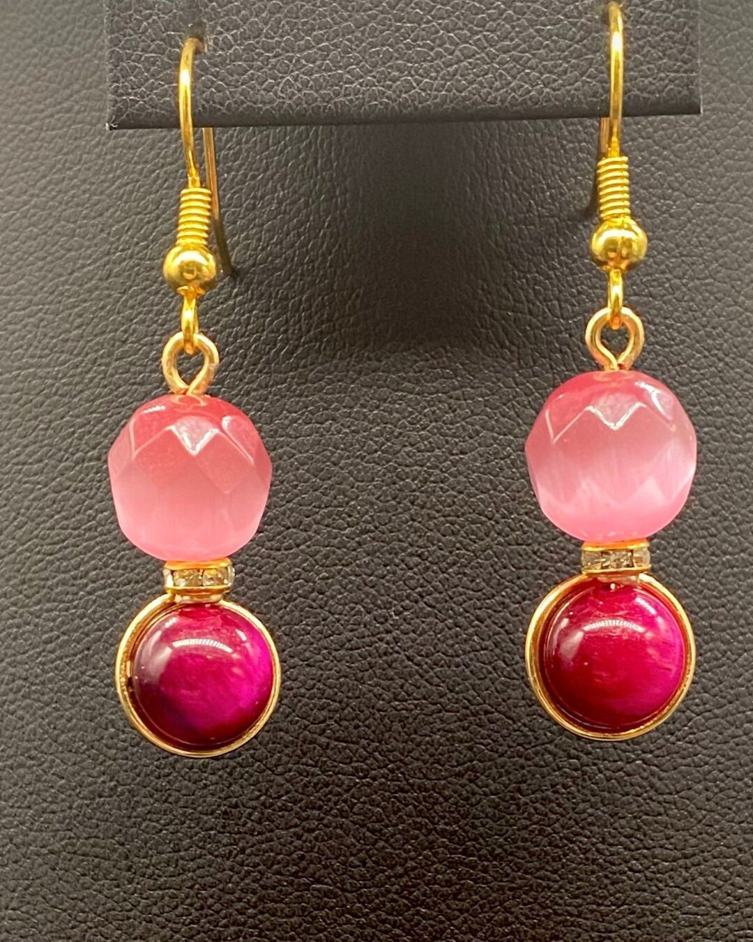 Pink Cats Eye, Pink Tigers Eye 
Dangle Earrings; Gold