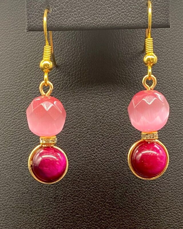 Pink Cats Eye, Pink Tigers Eye 
Dangle Earrings; Gold