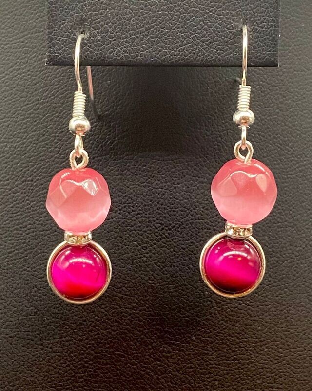 Pink Cats Eye, Pink Tigers Eye 
Dangle Earrings; Silver