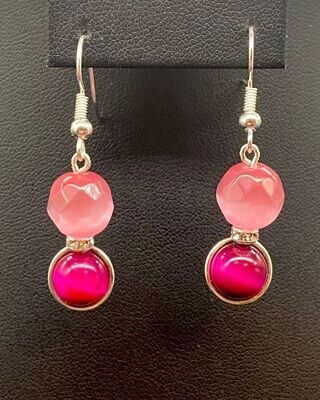 Pink Cats Eye, Pink Tigers Eye 
Dangle Earrings; Silver