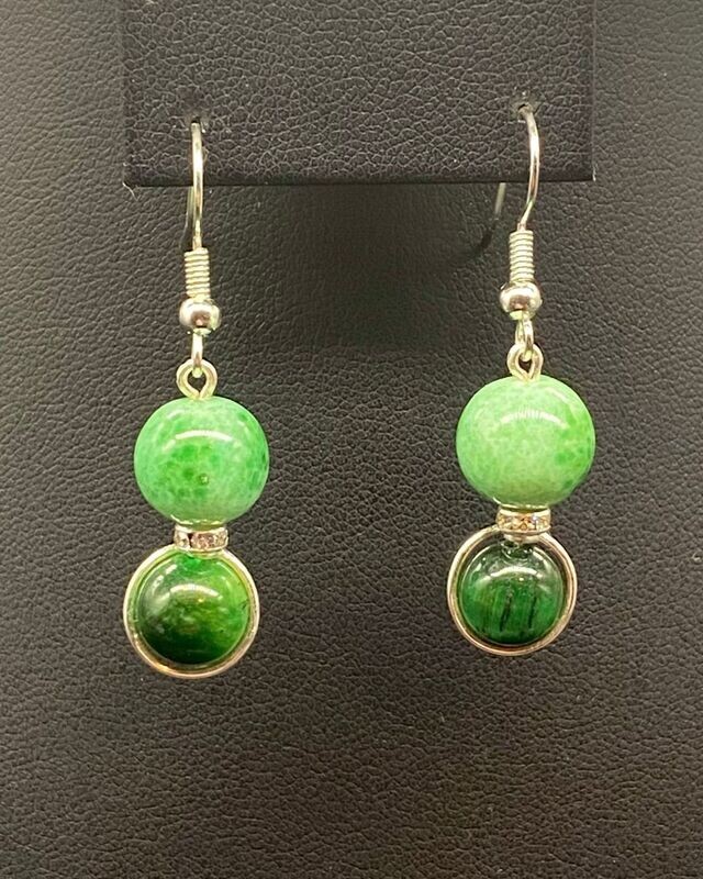 Green Tigers Eye, Vintage Porcelain Dangle Earrings Silver