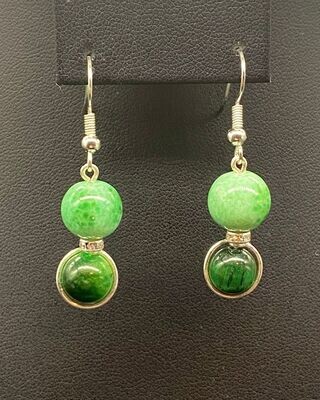 Green Tigers Eye, Vintage Porcelain Dangle Earrings Silver