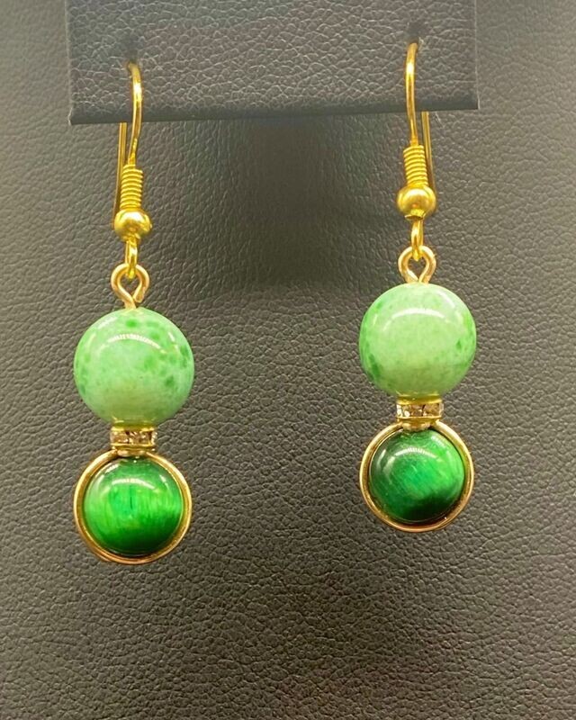 Green Tigers Eye, Vintage Porcelain Dangle Earrings Gold