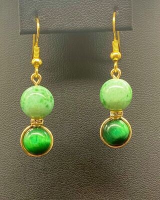 Green Tigers Eye, Vintage Porcelain Dangle Earrings Gold