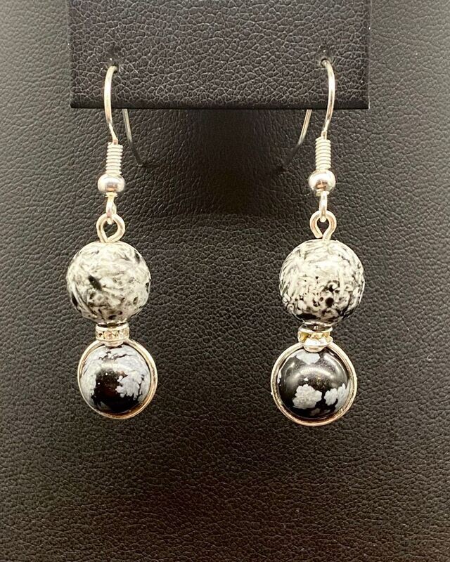 Snowflake Obsidian, Vintage Porcelain Dangle Earrings; Silver