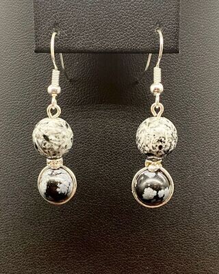 Snowflake Obsidian, Vintage Porcelain Dangle Earrings; Silver