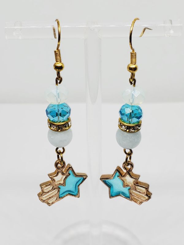 Blue Shooting Star Charm; Aquamarine &amp; Gold Earrings