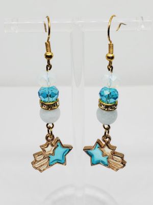 Blue Shooting Star Charm; Aquamarine &amp; Gold Earrings