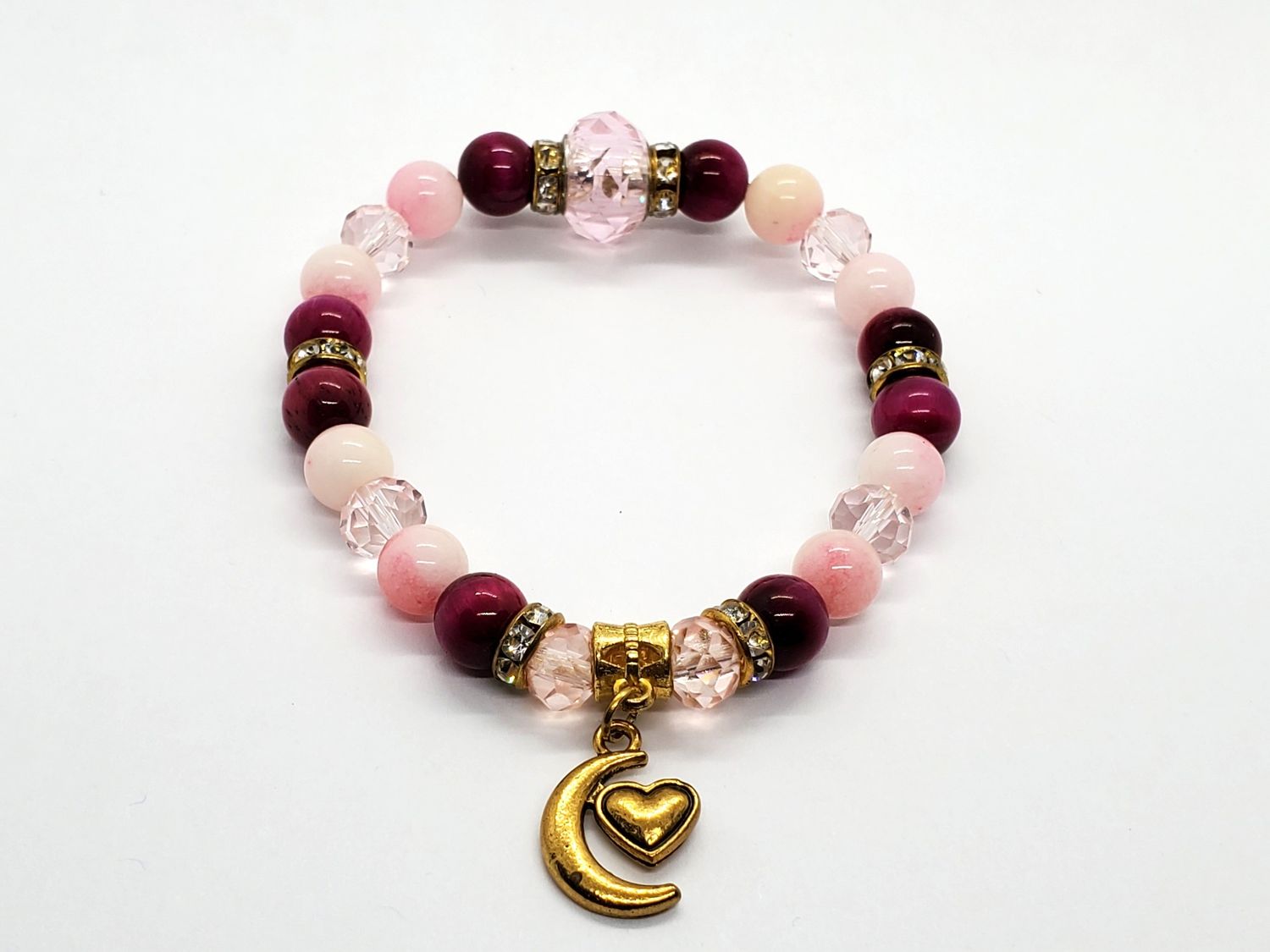 Moon w/ Heart Charm Peach Jade &amp; Pink Tiger&#39;s Eye
