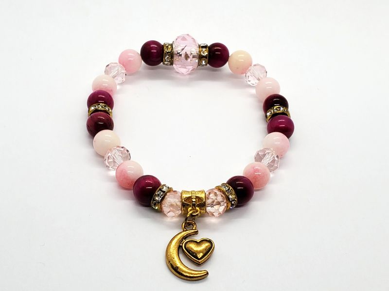Moon w/ Heart Charm Peach Jade &amp; Pink Tiger&#39;s Eye
